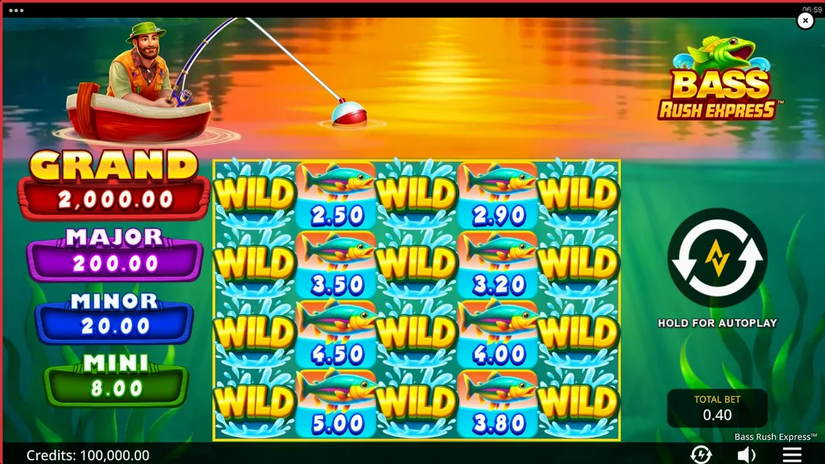 Tampilan layar permainan slot Bass Rush Express dengan tema danau yang tenang